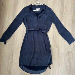 Michael Kors Printed Chiffon Belted Shirt Dress Shirtdress Blue Indigo